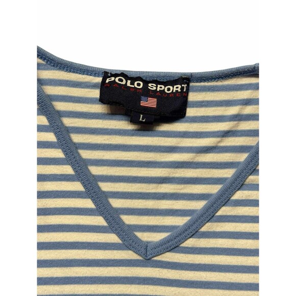 Vintage Polo Sport Ralph Lauren Striped V-Neck T-Shirt Men’s Large Blue White - Picture 4 of 7